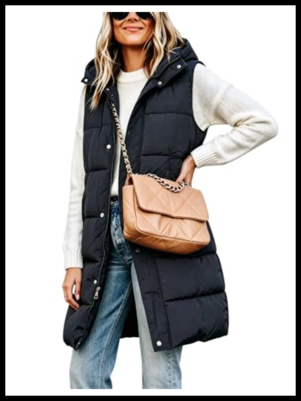 Long Puffer Vest Removable Hood Zip Pockets Sleeveless Quilted Gilet Nylon